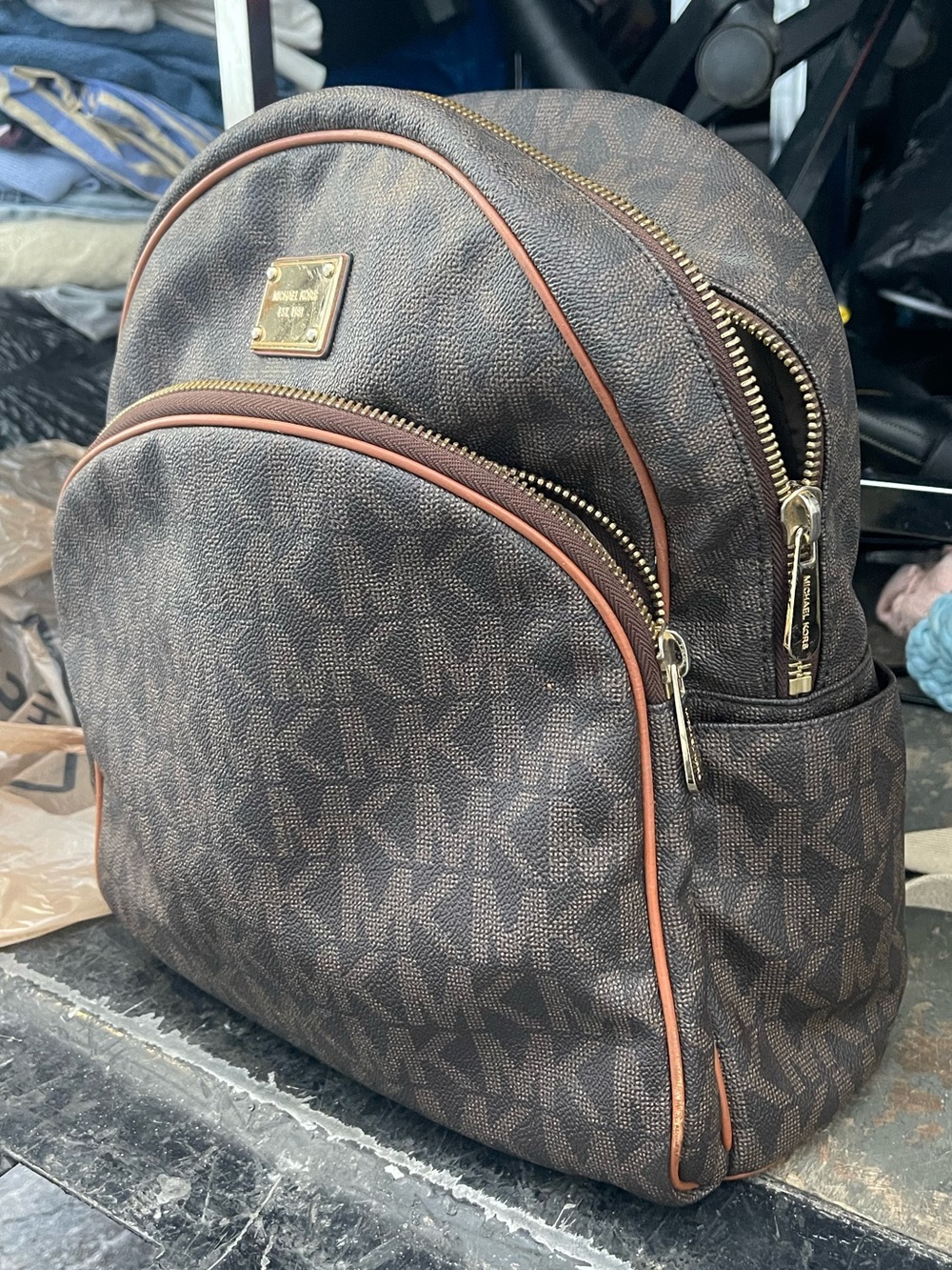 Michael Kors Brown Monogram Backpack with Gold Hardware